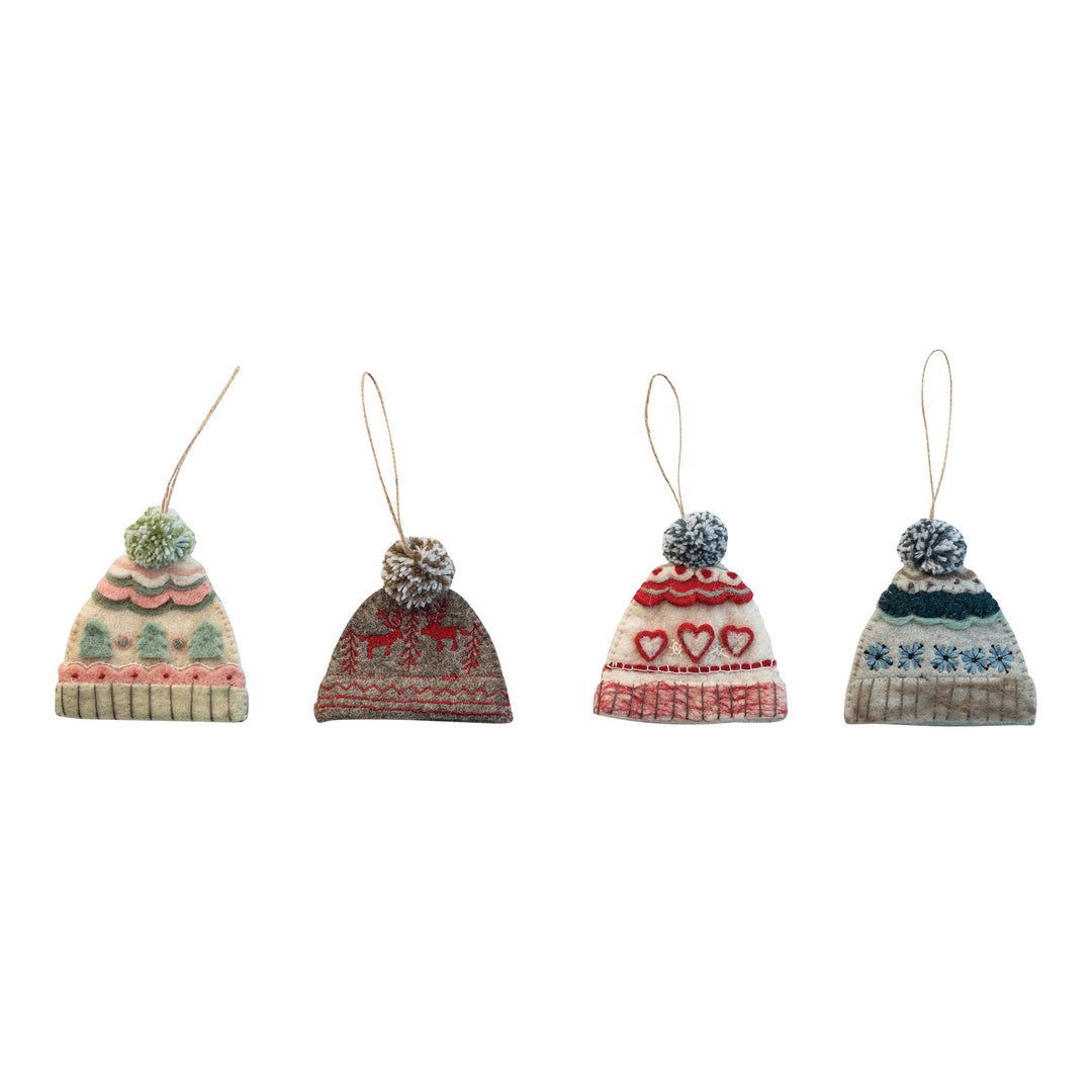 Handmade Wool Felt Hat Shaped Ornament with Embroidery- 4 styles to choose from
