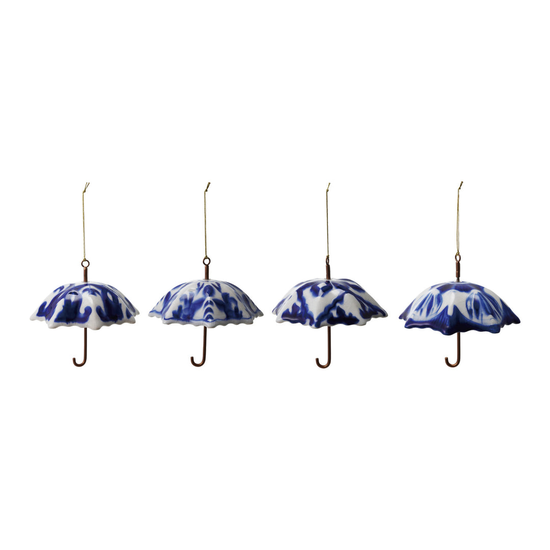 Hand-painted Stoneware &amp; Metal Umbrella Ornament- Blue and White Pattern