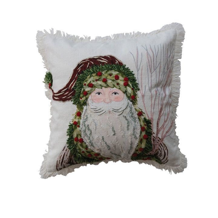 Santa Cotton Slub Printed Pillow, Embroidery &amp; Frinfge