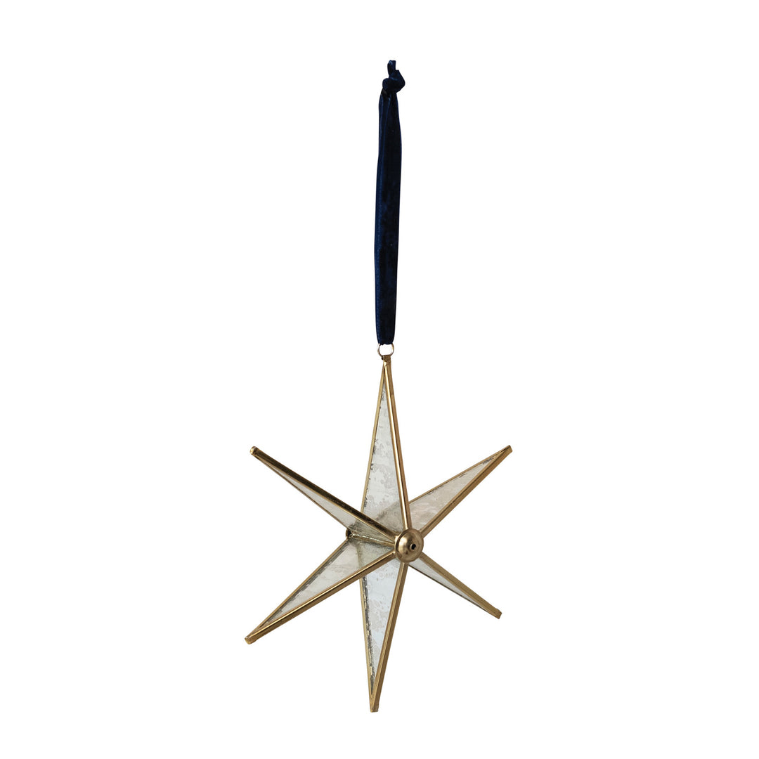 Handmade Antique Mirrored Glass &amp; Brass Star Ornament with Blue Velvet Ribbon Hanger