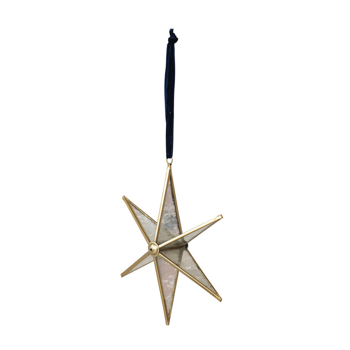 Handmade Antique Mirrored Glass &amp; Brass Star Ornament with Blue Velvet Ribbon Hanger