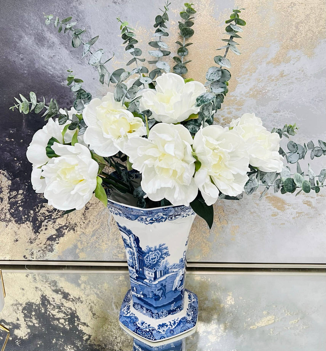 5-stem Bundled-Real Touch Peony Blossom: Soft White- 16" - Pine & Moss