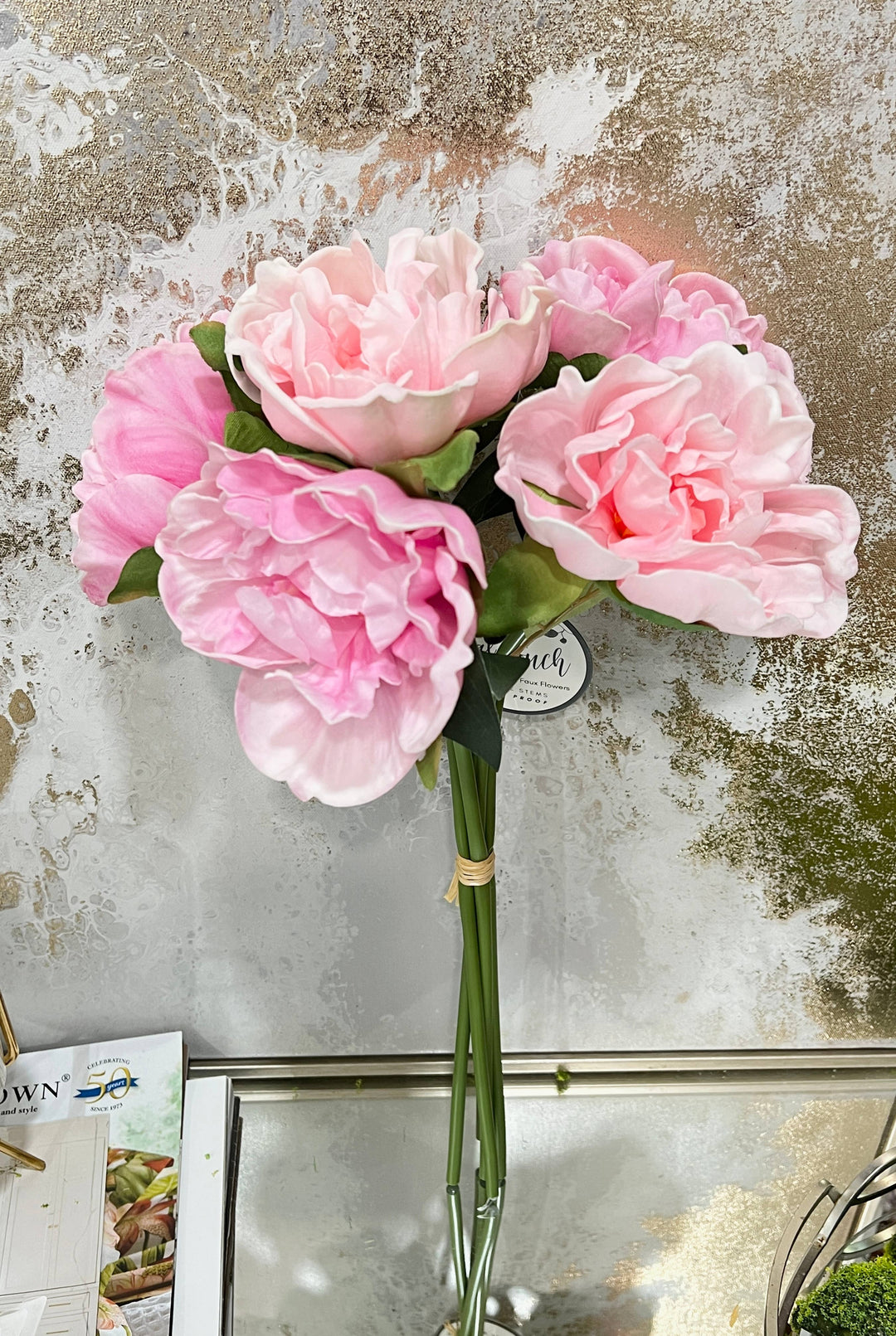 5-stem Bundled-Real Touch Peony Blossom: Shades of Soft Pink- 16" - Pine & Moss