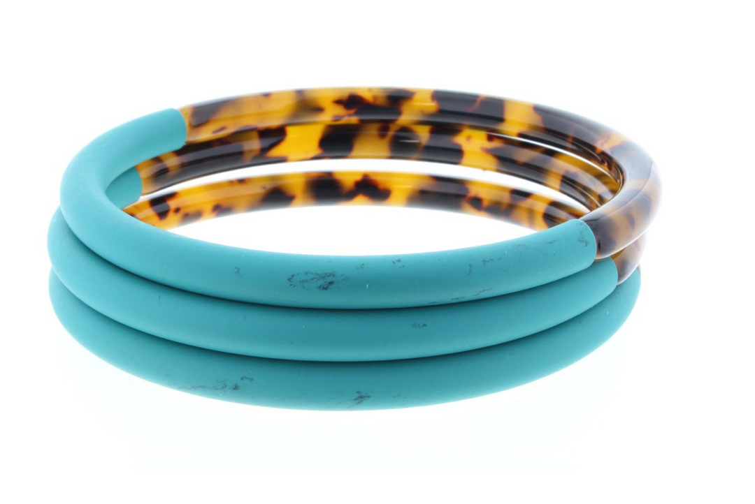 Brown Leopard Resin with Teal Bar, Set of 3 Bangles - Pine & Moss