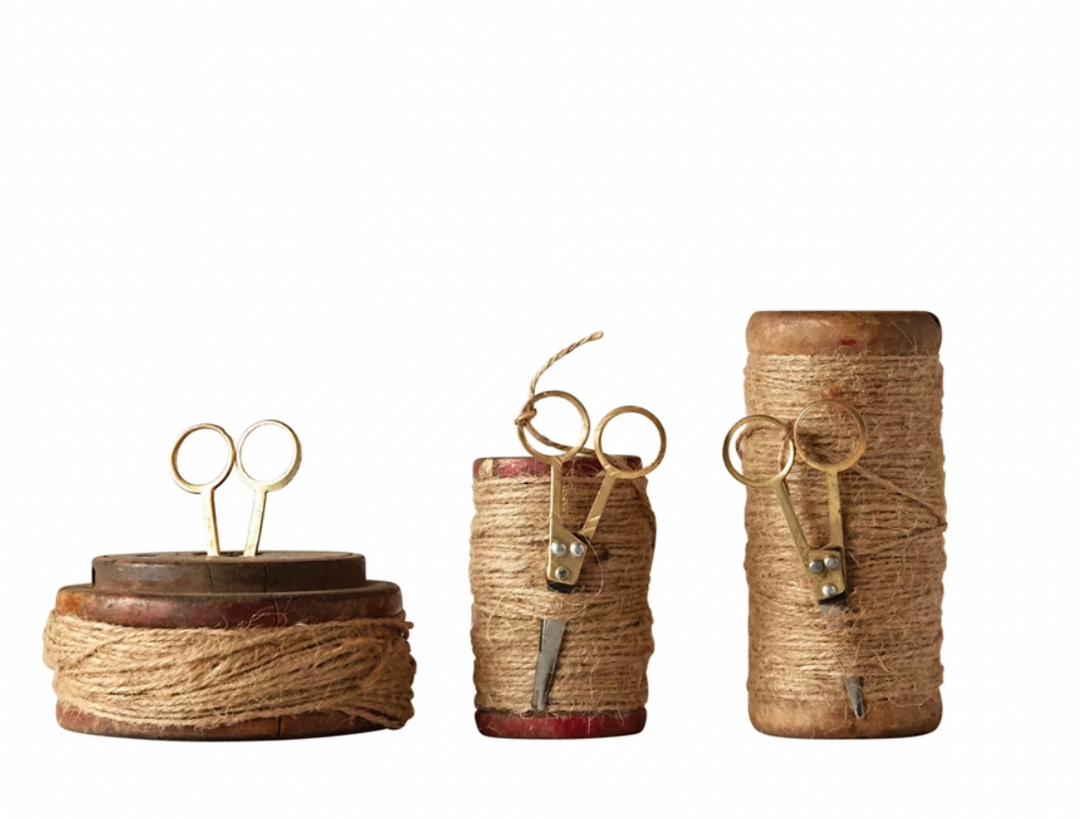 Found Wooden Spools with Jute and Scissors, Set of 3