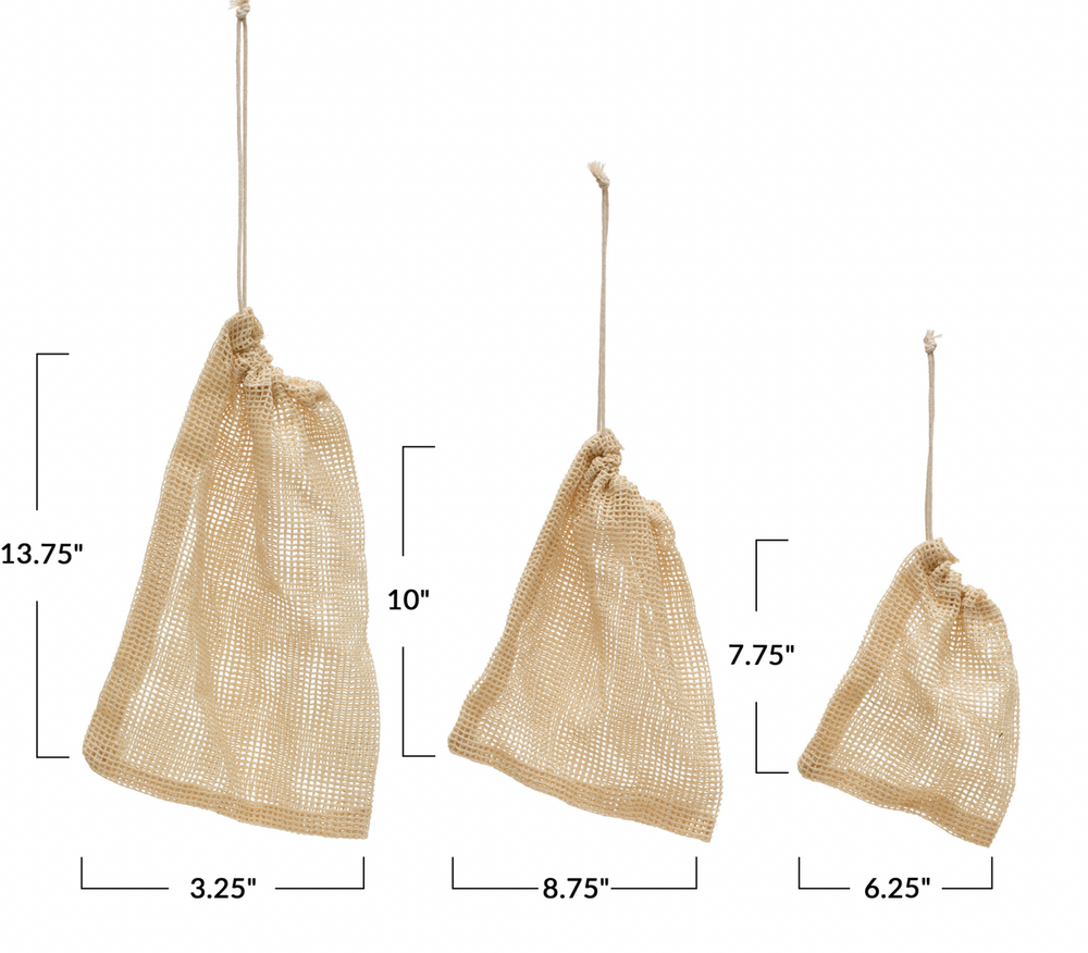 Cotton Mesh Food Bags- Set of 3 - Pine & Moss