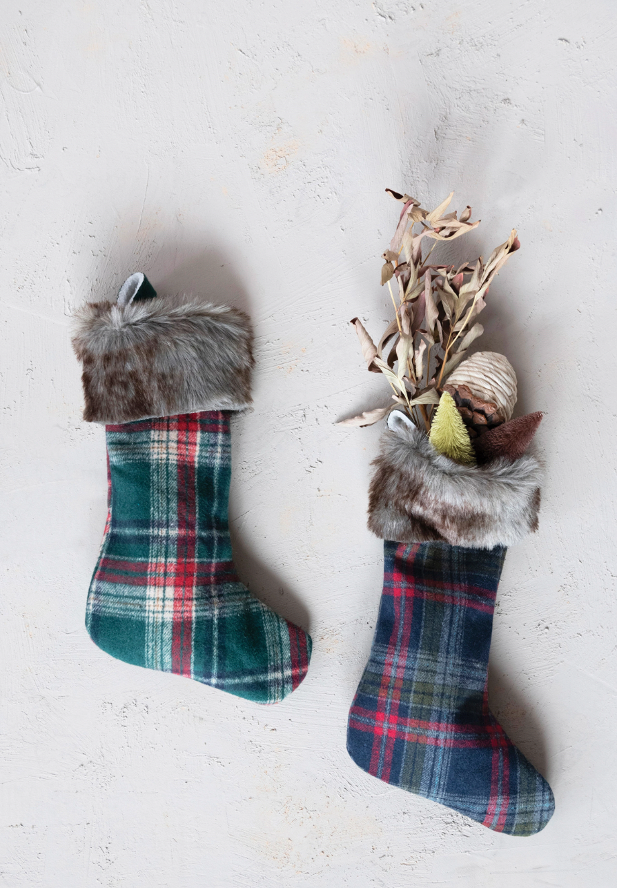 Plaid Flannel Stocking with Faux Fur Cuff, Navy or Green