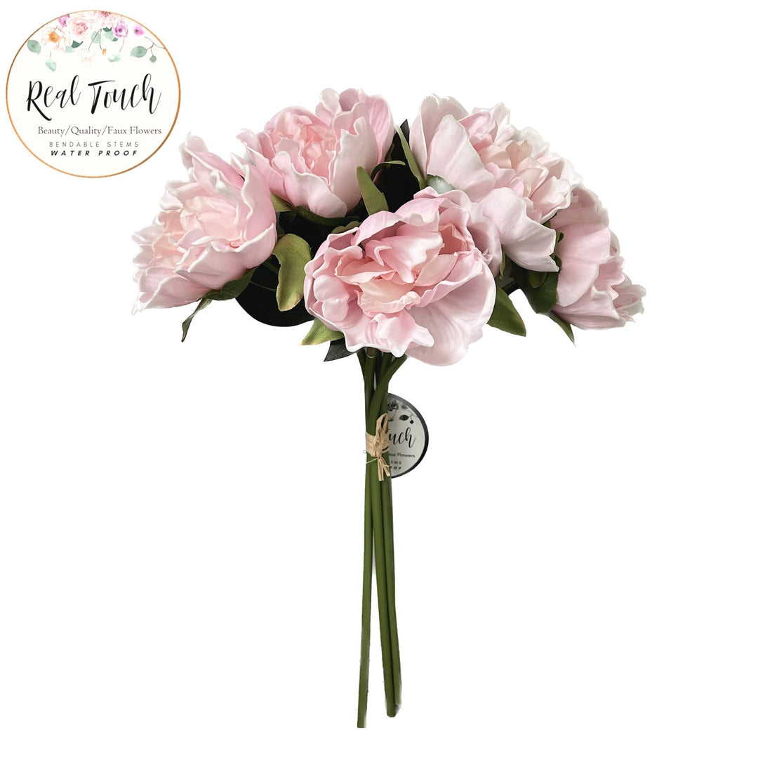 5-stem Bundled-Real Touch Peony Blossom: Light Pink- 16" - Pine & Moss